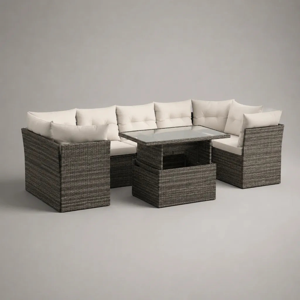 5-teiliges Gartensofa-Set mit Esstisch und Hocker, PE-Rattan, Stahl, Polyester und Glas, U-Form, Grau/Cremeweiß, 245 × 180 × 74 cm