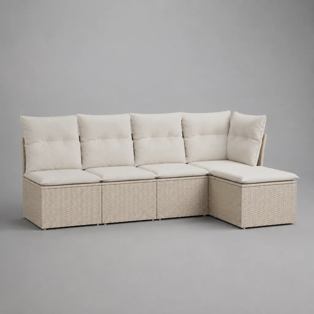 4-teiliges Gartensofa-Set, L-förmig, PE-Rattan mit Stahlgestell und Polyesterkissen, Beige/Cremeweiß, 239 × 145 × 86 cm
