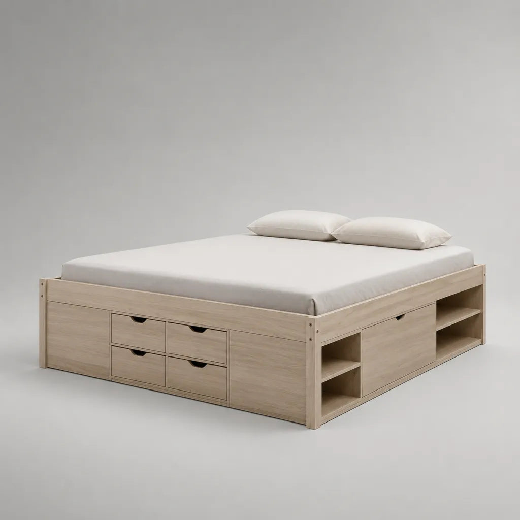 Stauraumbett Doppelbett aus melaminbeschichteter Spanplatte, Eiche hell, 166 x 206 x 62 cm, Liegefläche 160 x 200 cm