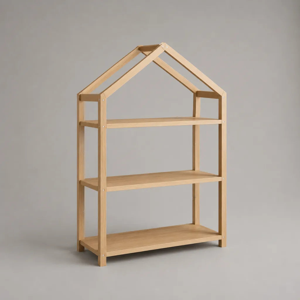 Kinderbücherregal in Hausform aus Holz, Natur, 80 × 30 × 120 cm, 3 Ablagen