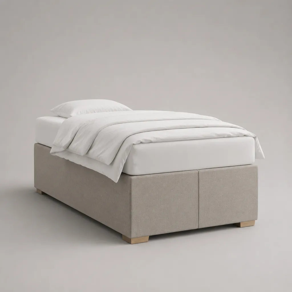 Boxspringbett-Set 90 x 200 cm mit Matratze, ohne Kopfteil, Stoffbezug, Beige/Weiß
