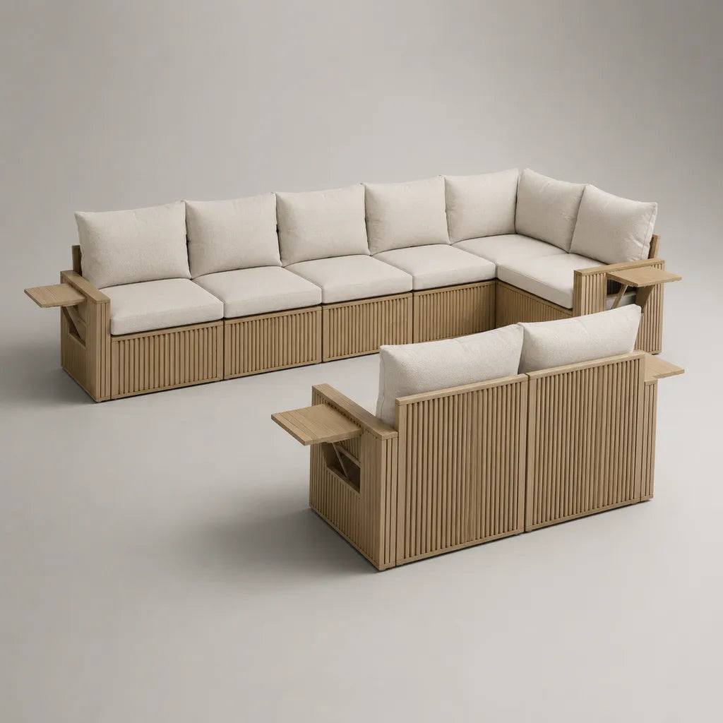 7-Sitzer Gartenlounge-Set aus Akazien-Massivholz mit Polyesterkissen, U-förmig, Naturbraun/Naturweiß, 330 × 240 × 80 cm