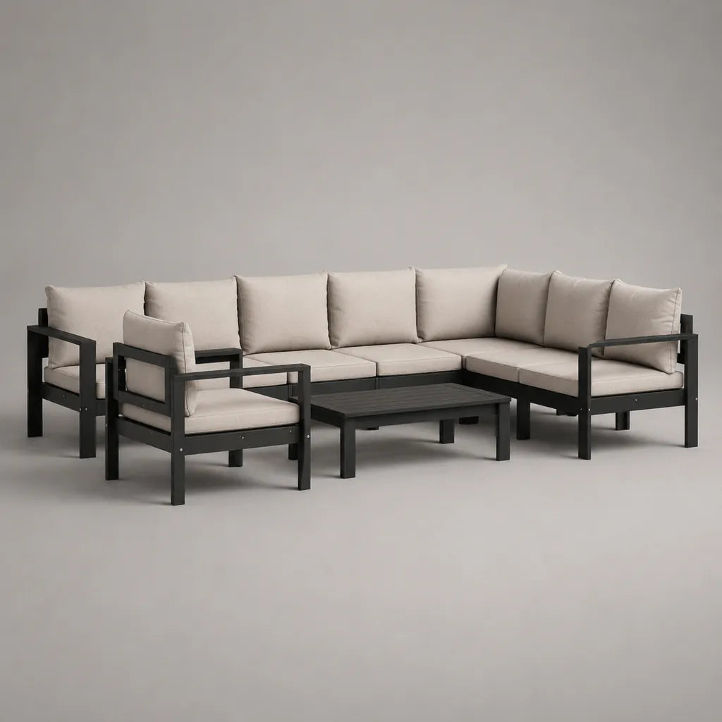 4-teiliges Garten-Loungeset aus Akazienholz mit Polyesterbezügen, Schwarz/Beige, Ecksofa 285 x 205 x 73 cm, 2 Sessel 72 x 72 x 73 cm, Tisch 120 x 60 x 40 cm