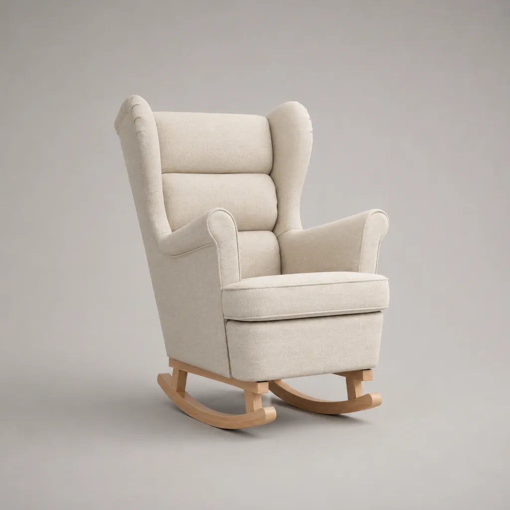 Schaukelstuhl-Ohrensessel mit hoher Rückenlehne aus Polyester und Massivholz, Creme/Natur, 76 × 92 × 105 cm