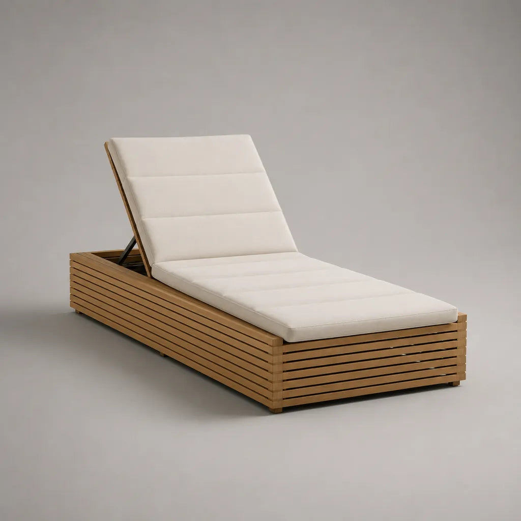 Verstellbare Gartenliege aus massivem Akazienholz mit Polyesterauflage, Natur/Cremeweiß, 200 × 70 × 35 cm