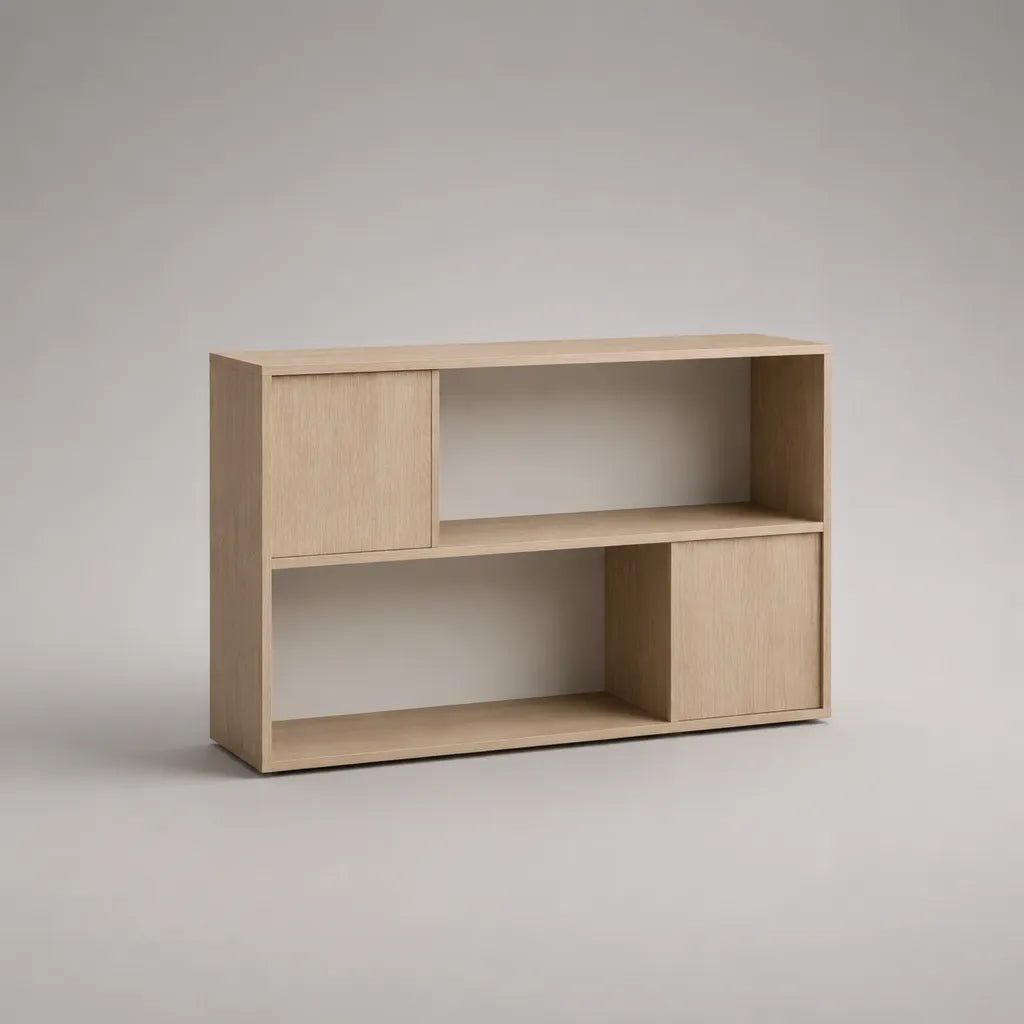 Bücherregal mit 2 Schiebetüren aus melaminbeschichteter Spanplatte, Eiche Natur, 120 × 30 × 80 cm