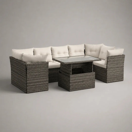 5-teiliges Gartensofa-Set mit Esstisch und Hocker, PE-Rattan, Stahl, Polyester und Glas, U-Form, Grau/Cremeweiß, 245 × 180 × 74 cm