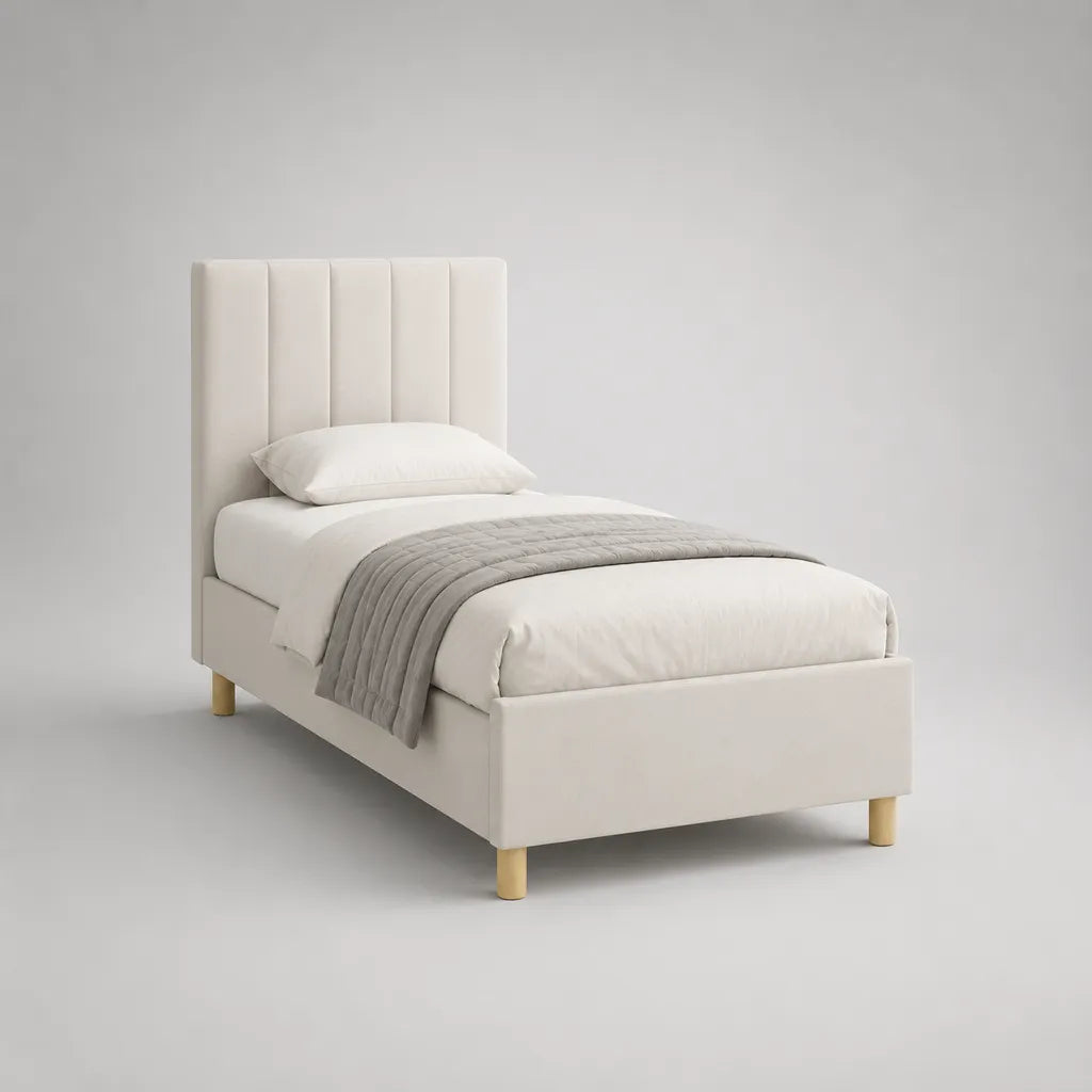Polsterbett mit hohem Kopfteil aus Polyester und MDF, Creme/Natur, Liegefläche 90 × 200 cm