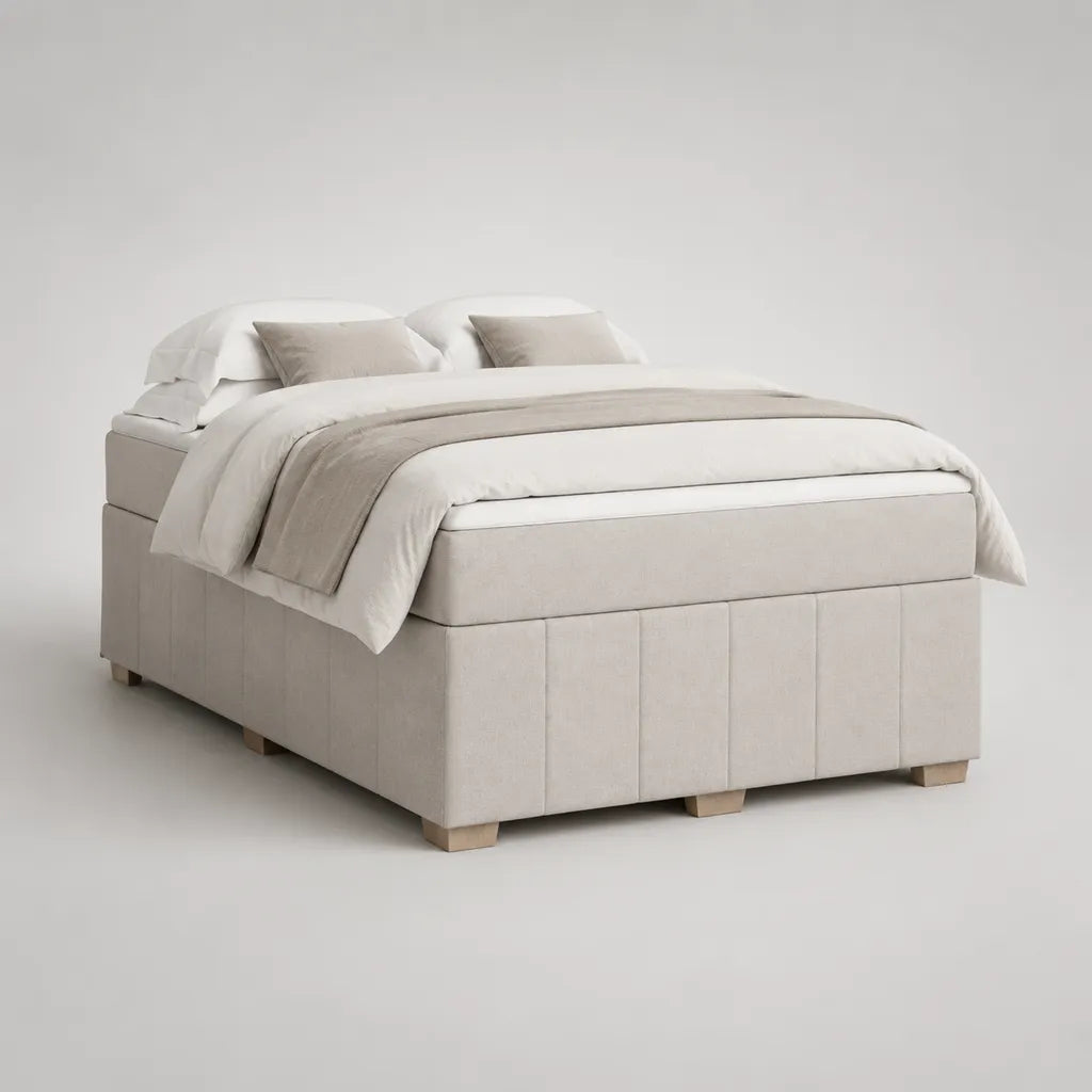 Boxspringbett-Komplettset 180 x 200 cm mit Stoffbezug in Beige, Bonellfederkernmatratze und Topper, ohne Kopfteil