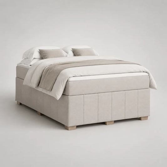 Boxspringbett-Komplettset 180 x 200 cm mit Stoffbezug in Beige, Bonellfederkernmatratze und Topper, ohne Kopfteil