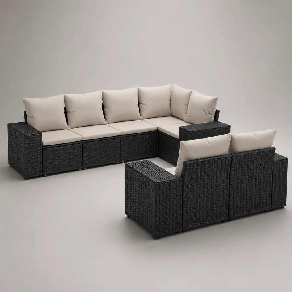 6-Sitzer-Gartensofa-Set aus PE-Rattan mit Stahlrahmen, L-Form, Schwarz/Beige, 250 × 190 × 74 cm und 145 × 78 × 74 cm