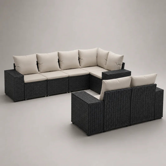 6-Sitzer-Gartensofa-Set aus PE-Rattan mit Stahlrahmen, L-Form, Schwarz/Beige, 250 × 190 × 74 cm und 145 × 78 × 74 cm