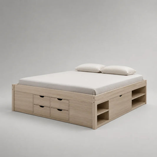 Stauraumbett Doppelbett aus melaminbeschichteter Spanplatte, Eiche hell, 166 x 206 x 62 cm, Liegefläche 160 x 200 cm