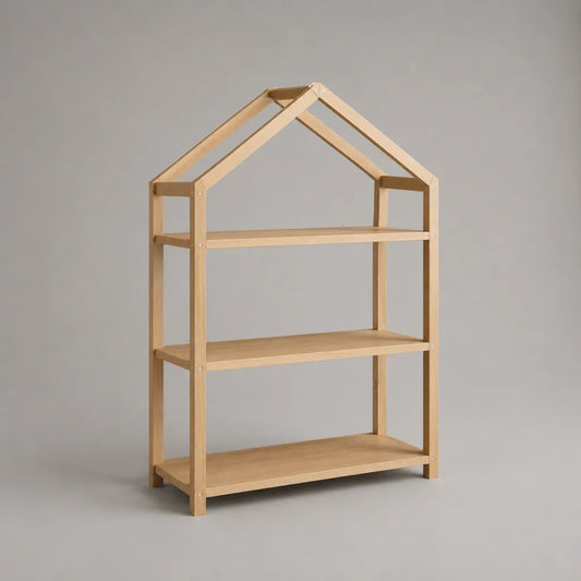 Kinderbücherregal in Hausform aus Holz, Natur, 80 × 30 × 120 cm, 3 Ablagen