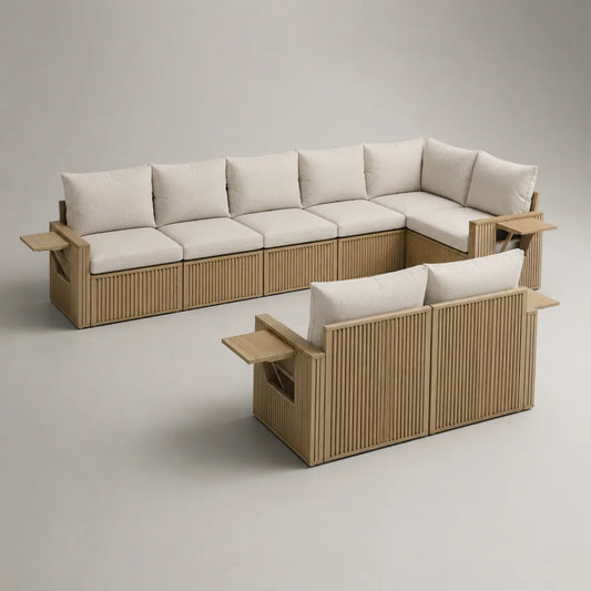7-Sitzer Gartenlounge-Set aus Akazien-Massivholz mit Polyesterkissen, U-förmig, Naturbraun/Naturweiß, 330 × 240 × 80 cm