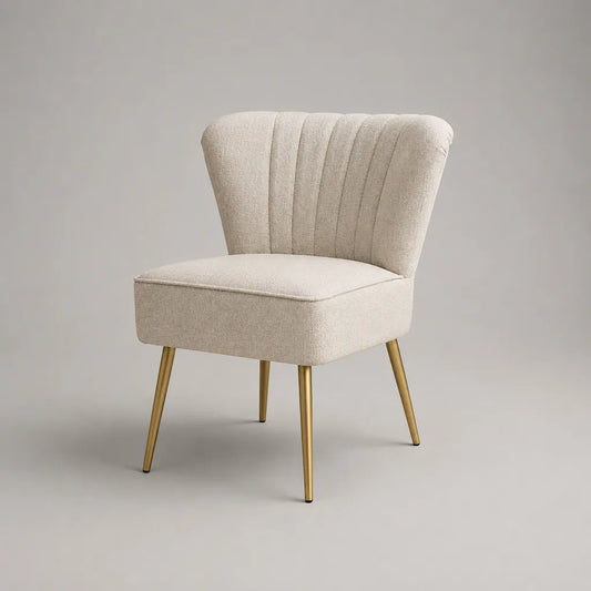 Polstersessel mit fächerförmiger Rückenlehne, Bouclé-Bezug und Stahlbeinen, Creme/Gold, 66 × 72 × 84 cm