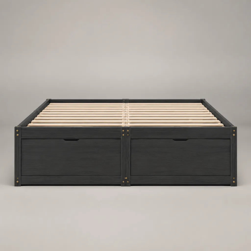 Doppelbett mit 2 Schubladen aus massivem Kiefernholz, Schwarz, Liegefläche 180 × 200 cm